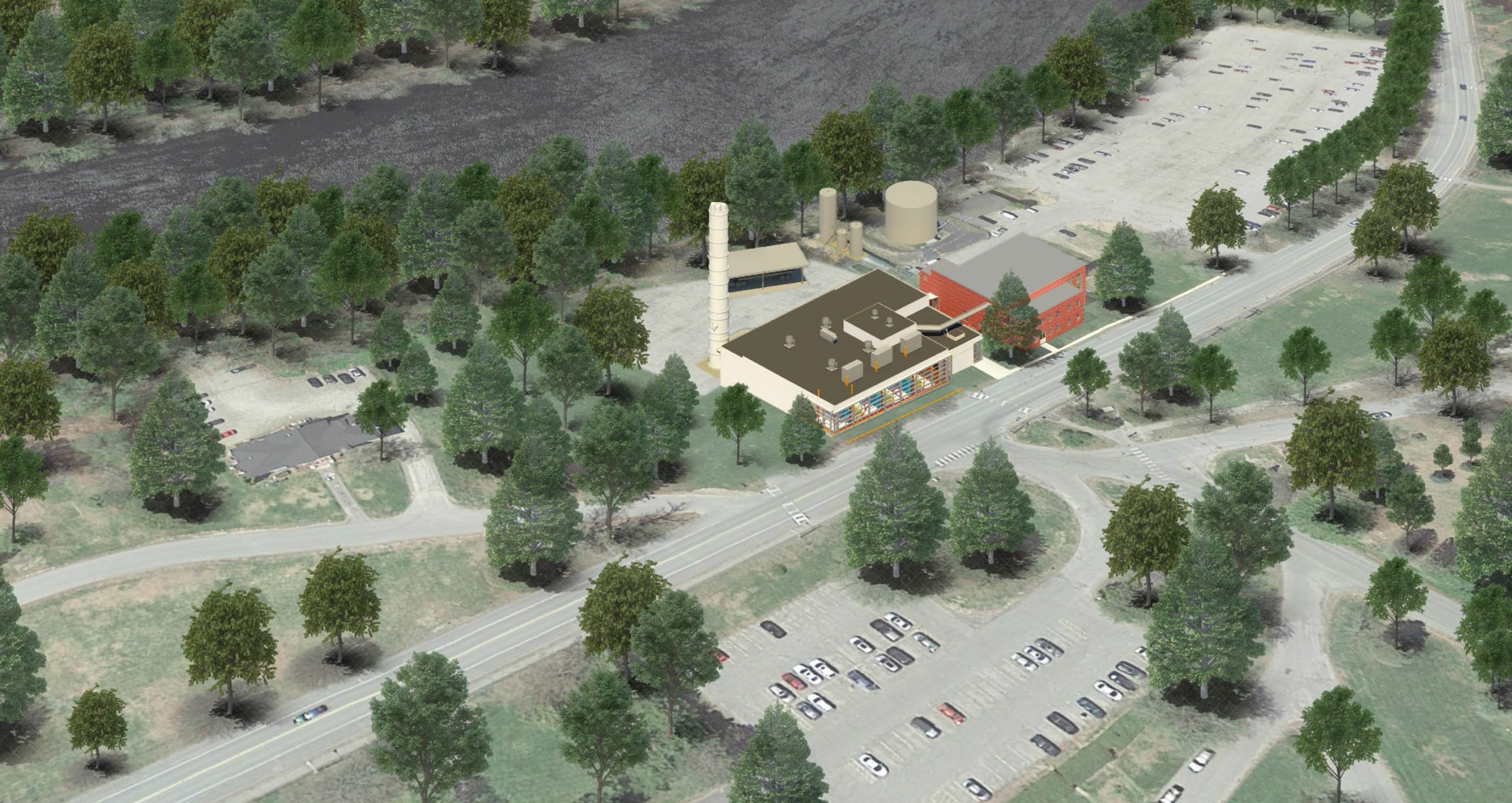 aerial rendering of old and new buildings with streets and parking lots