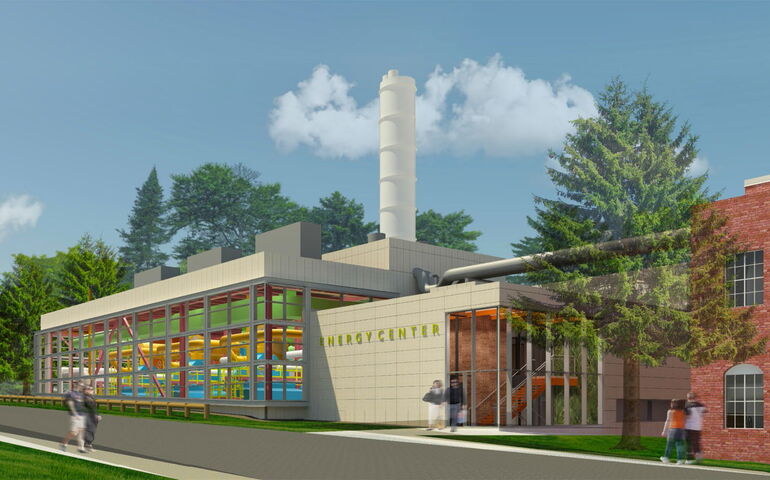 rendering of old and new buildings with people walking on sidewalk