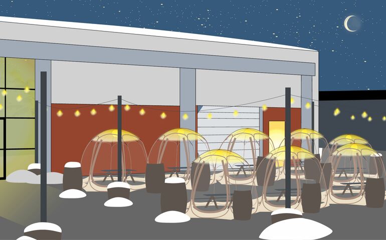 Illutstration of heated 'bubble tents' on outdoor patio