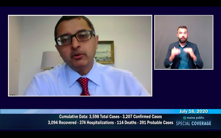 Screen shot of Dr. Nirav Shah and interpreter giving Thursday briefing