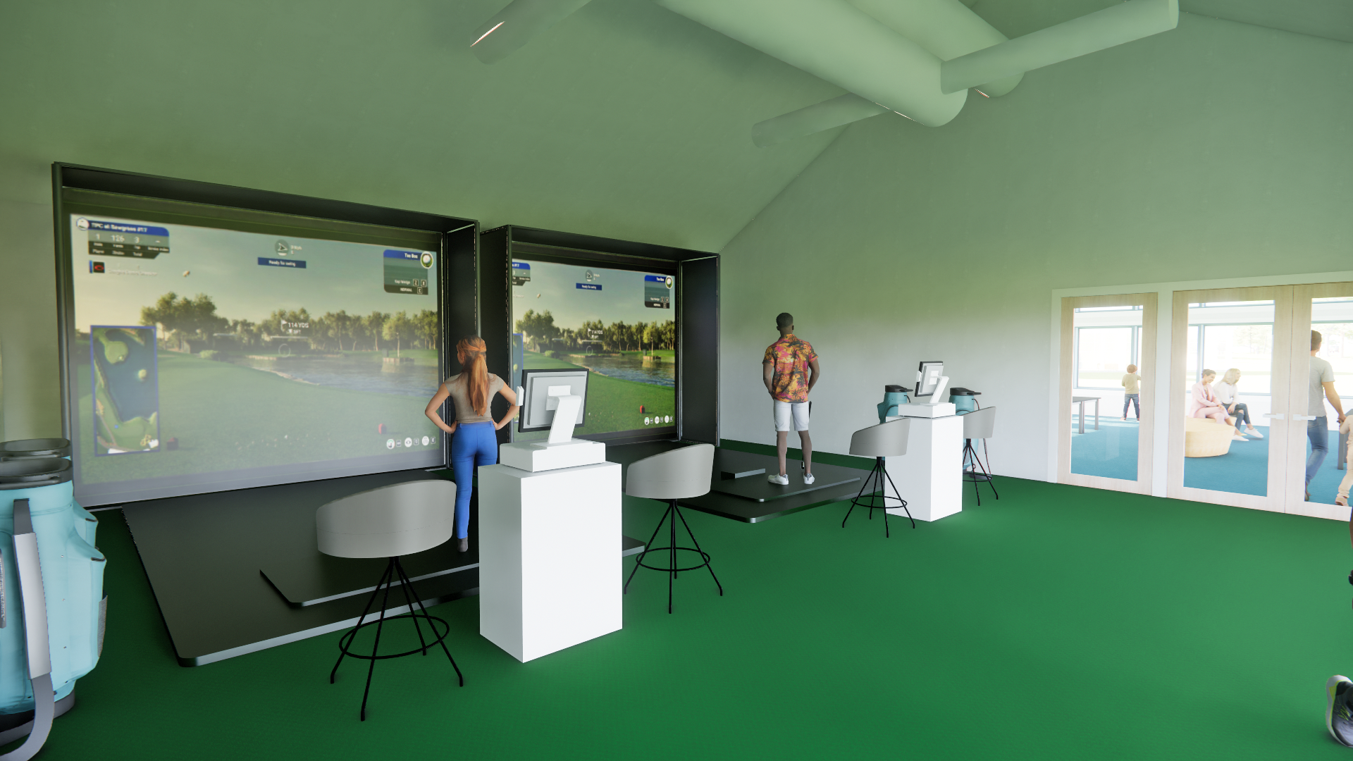 A drawing shows a room with large screens.