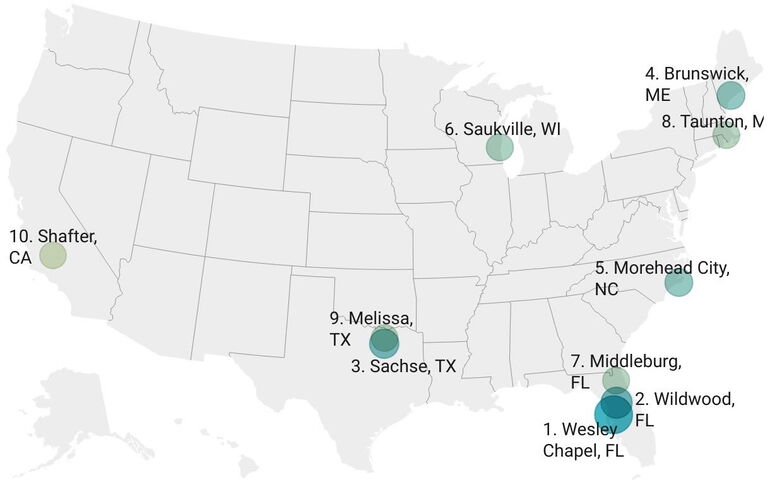A graphic depicts the U.S. and has green dots and words.