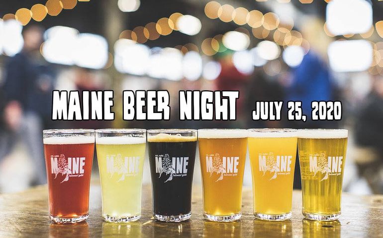 Publicity art for Maine Beer Night showing six glasses of beer and 