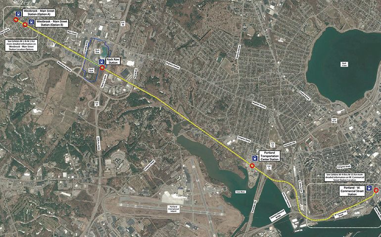 map of proposed rail line connecting Portland to Westbrook