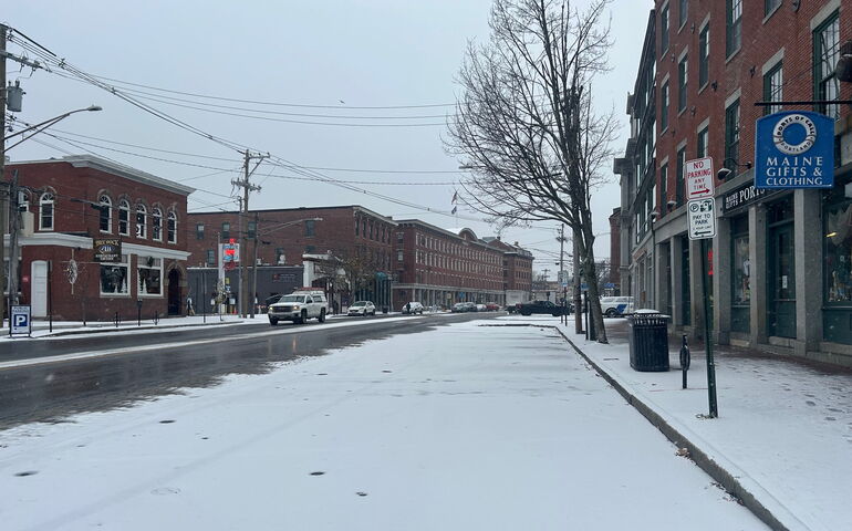 Commercial Street in Portland covered in snow