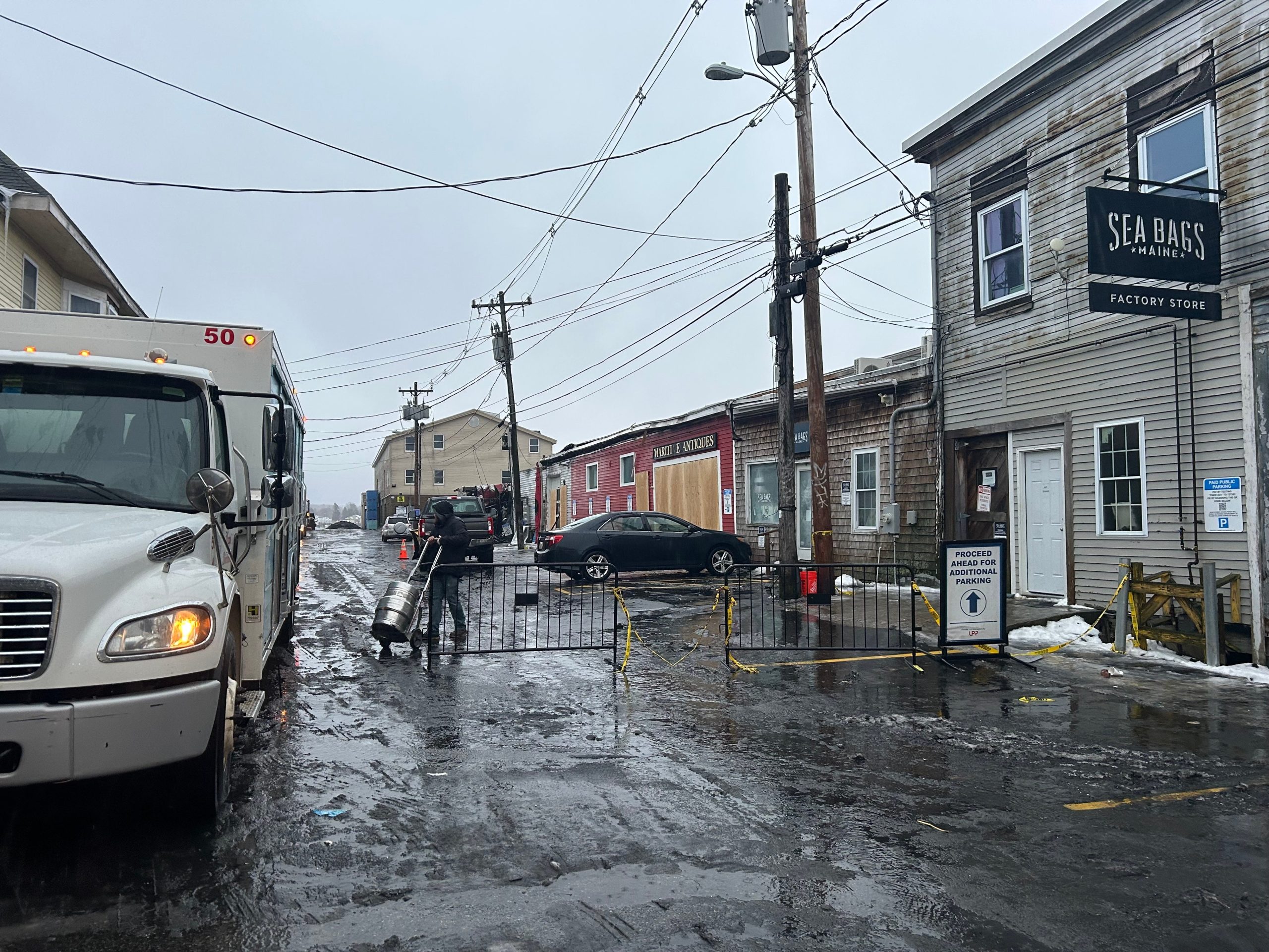 Damaged wharf buildings after fire