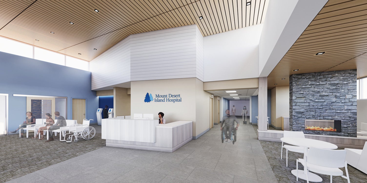 A rendering shows a lobby and furnishings.