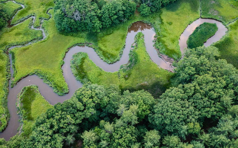 An aerial view of a river through woods.