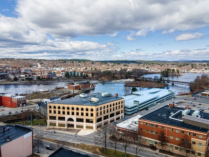An aerial view of buildings.