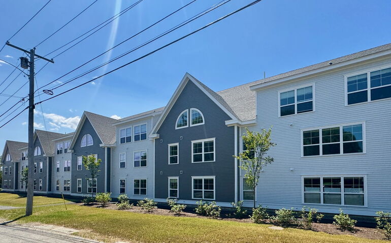 An exterior view of a building with two colors.