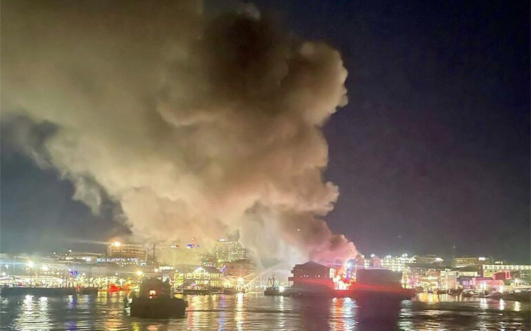 Smoke rises from Portland’s waterfront.