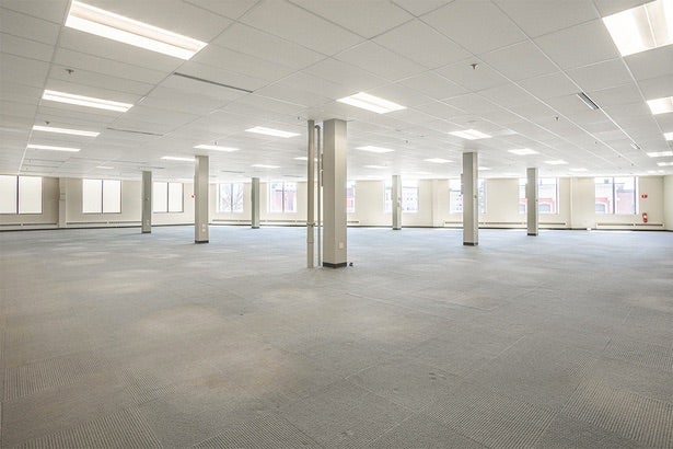 A big room has pillars.