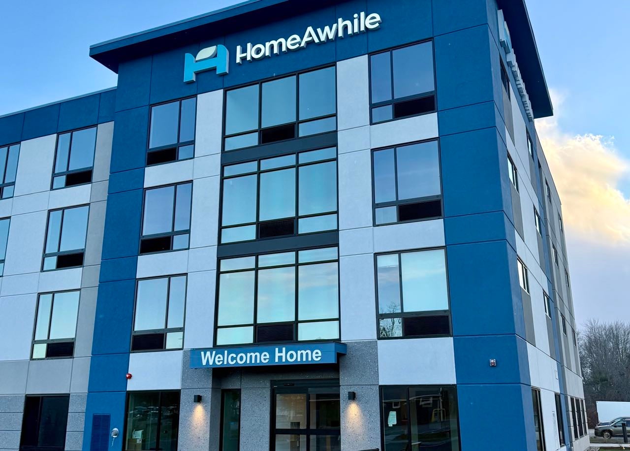 The exterior of a building is mainly blue.