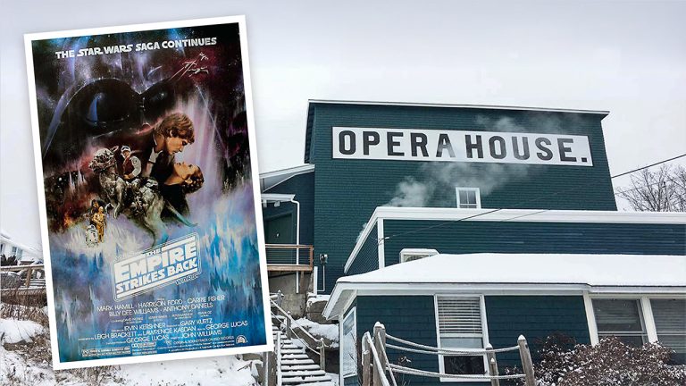 MOVIE poster and Stonington Opera House exterior in winter,.