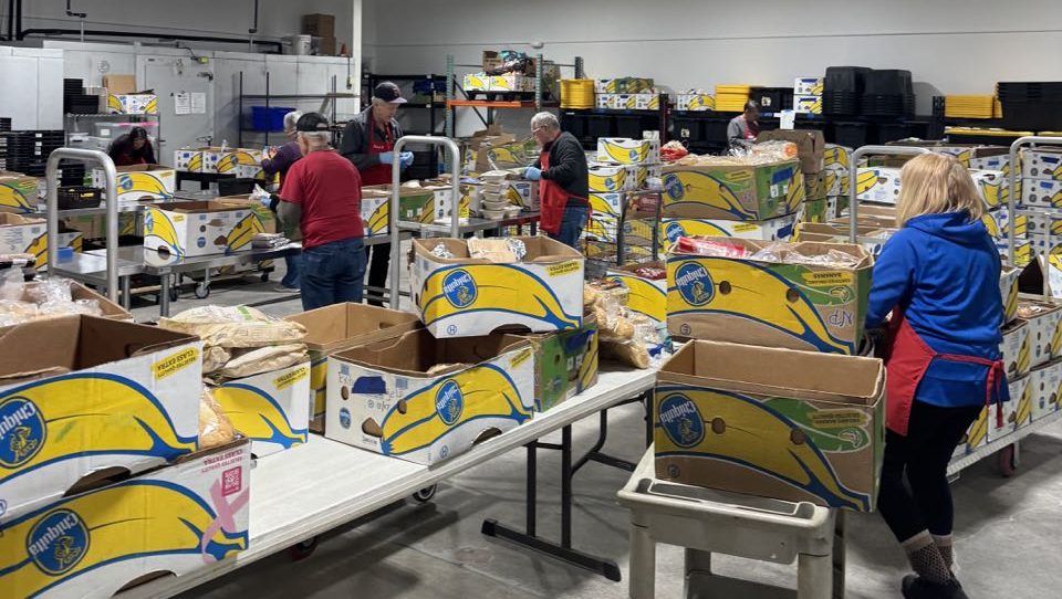 People work among racks and boxes.