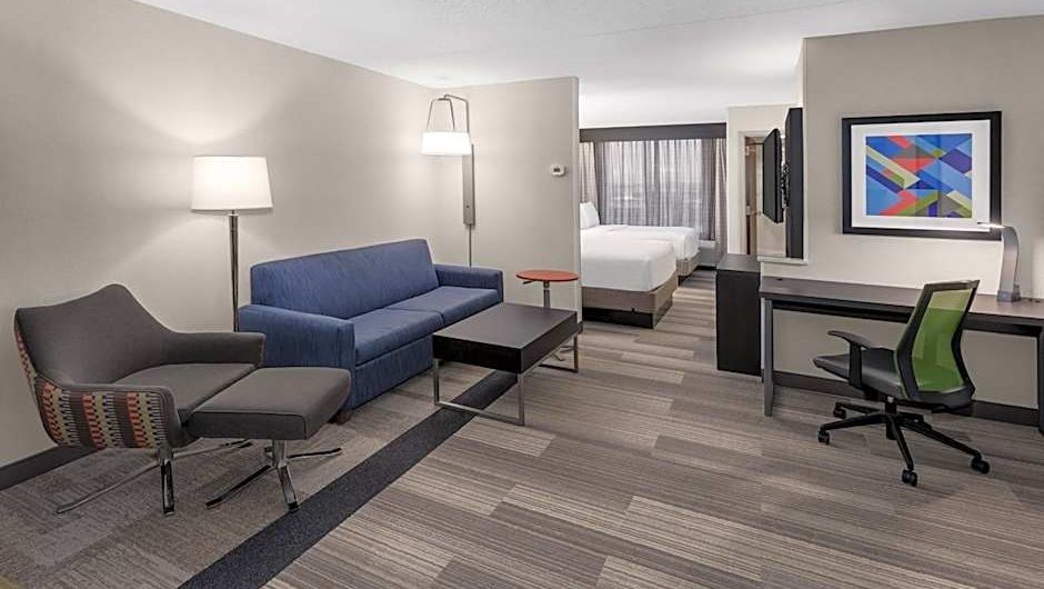 A room has a brown rug and furnishings.