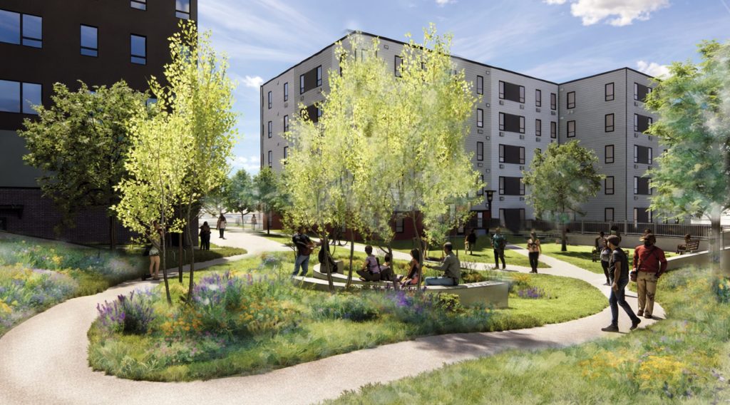 Rendering of a planned courtyard for a new apartment complex