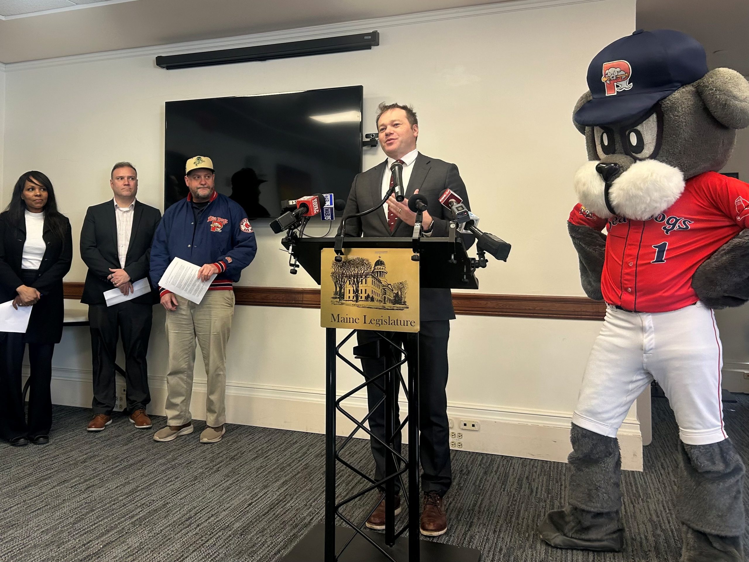 Slugger and Patrick Woodcock at the Maine State House. PHOTO / COURTESY OF THE PORTLAND SEA DOGS