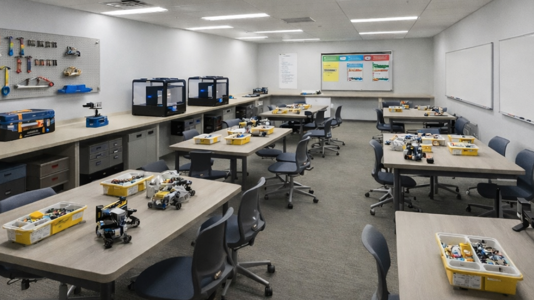 A room has tables and chairs.