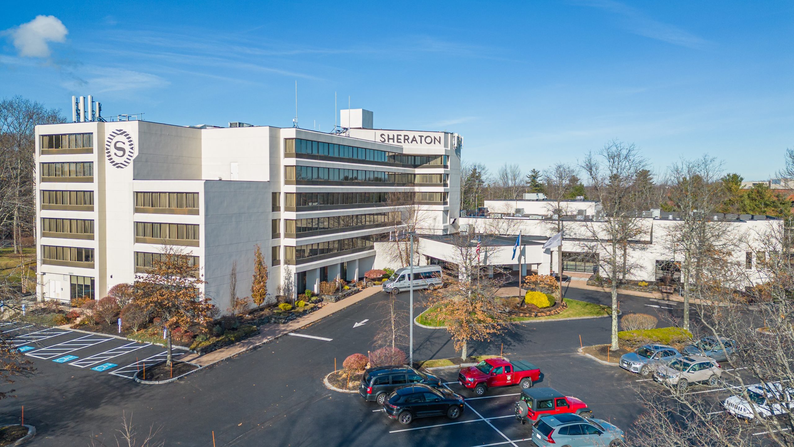 An evterior view of a building with multiple stories.
