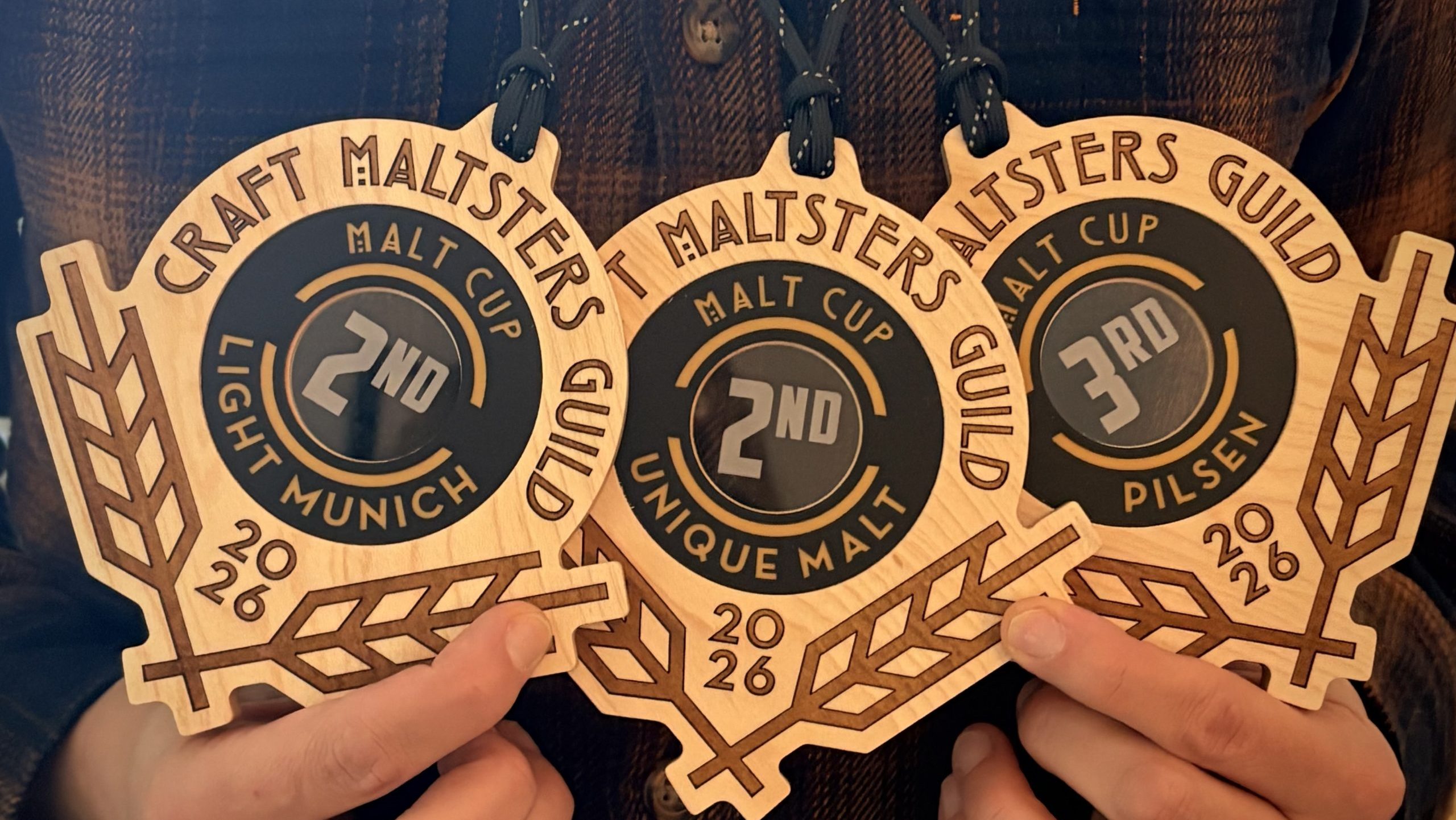 Two hands hold three medals.