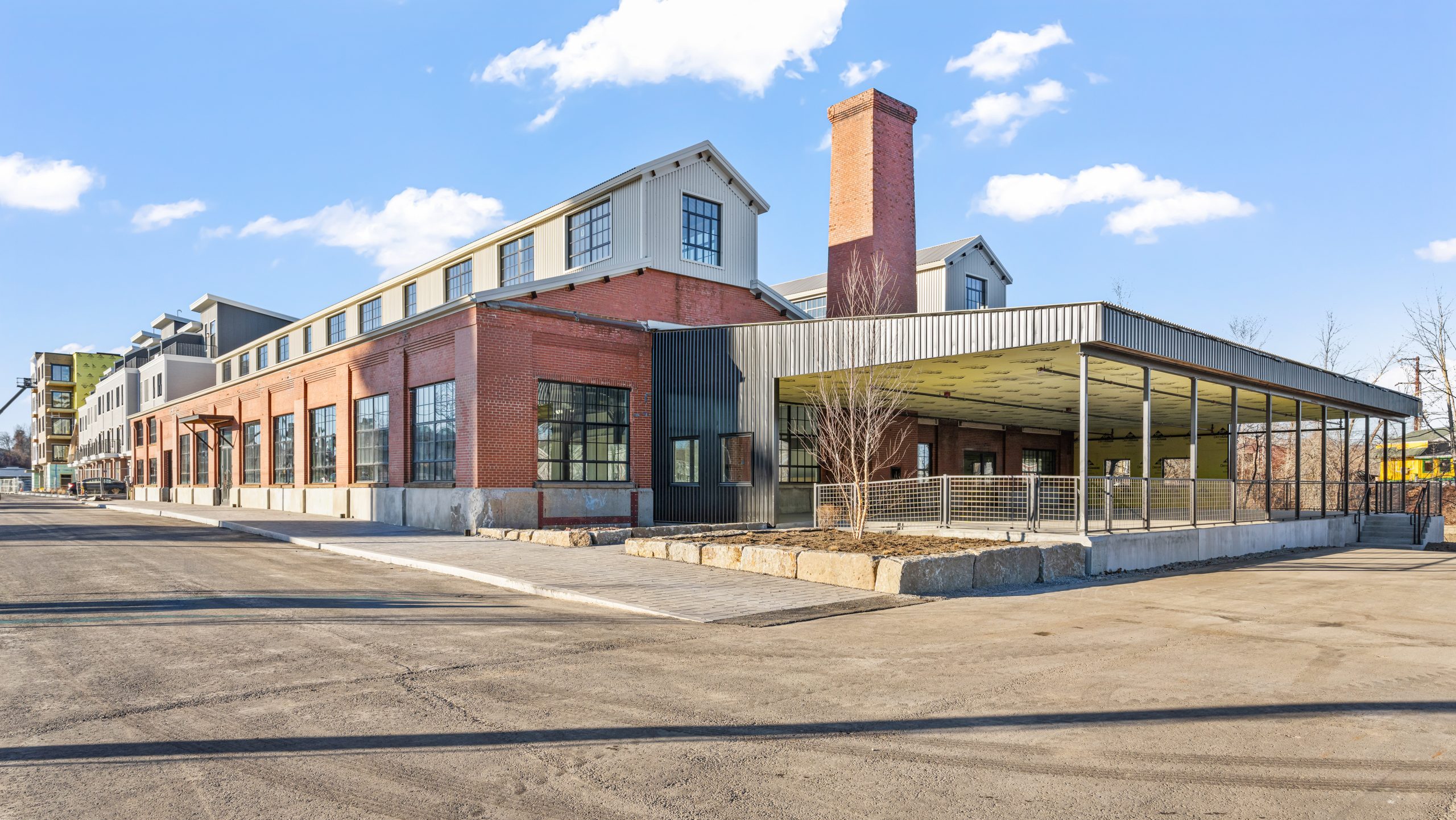 A building has a patio.