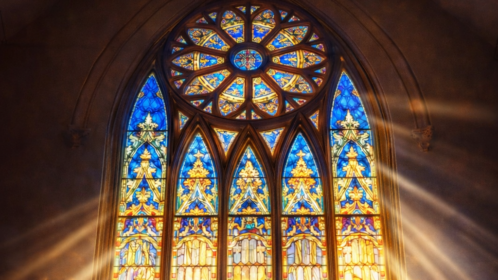 A stained-glass window has sunshine coming through it.