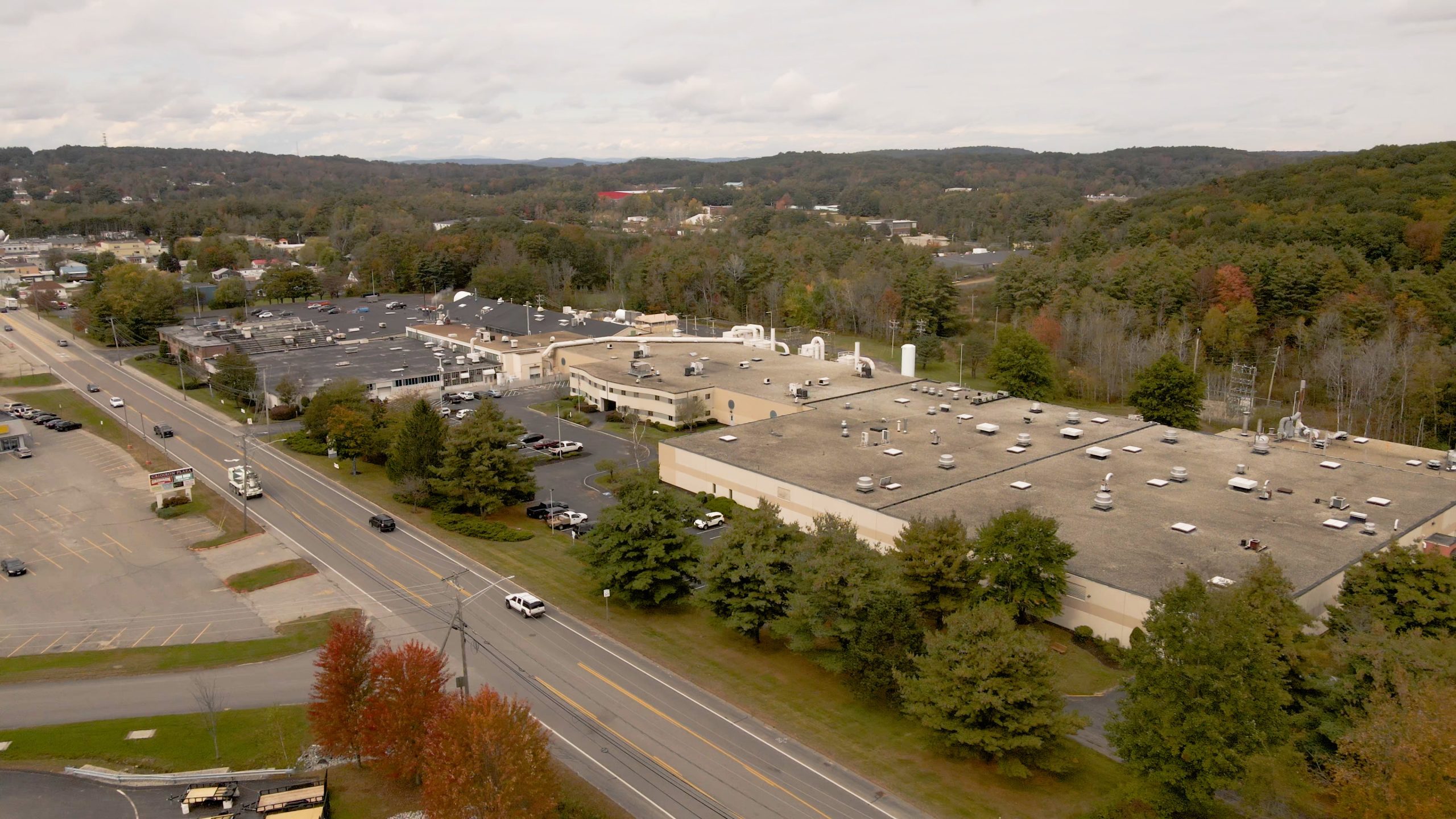 aerial view of long low buildings.