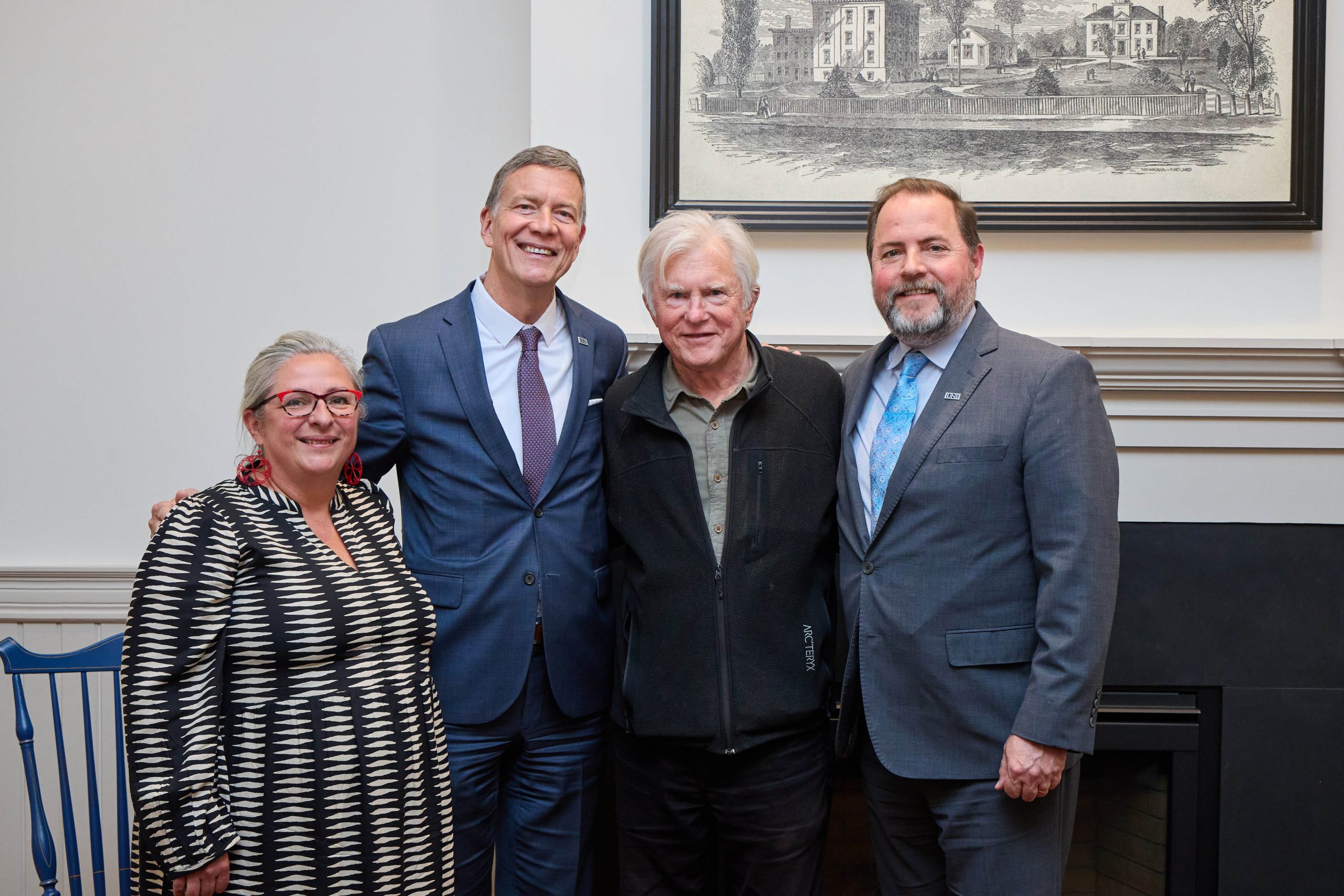From left, UNE Provost Gwendolyn Mahon, President James Herbert, David Evans Shaw and Senior Vice President of Finance and Administration Jim Irwin following the naming agreement signing. PHOTO / COURTESY OF UNE 