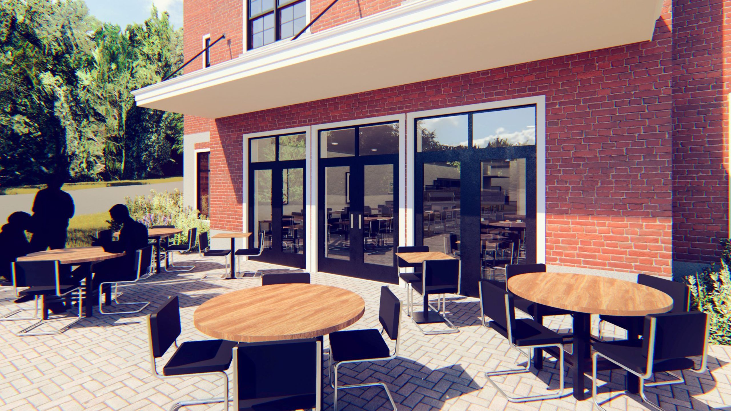 Rendering of an outdoor patio with tables and chairs outside a brick building, showing large glass doors leading into an interior café space