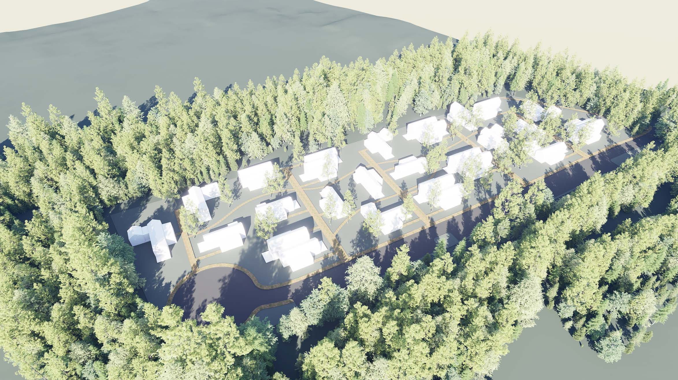 A drawing shows woods and houses.