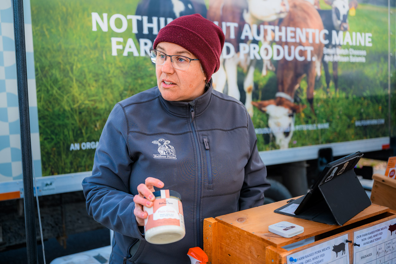 Heather Donahue of Balfour Farm at the Portland Farmers&rsquo; Market in Deering Oaks Park. April 22, 2026. Photo: Jim Neuger