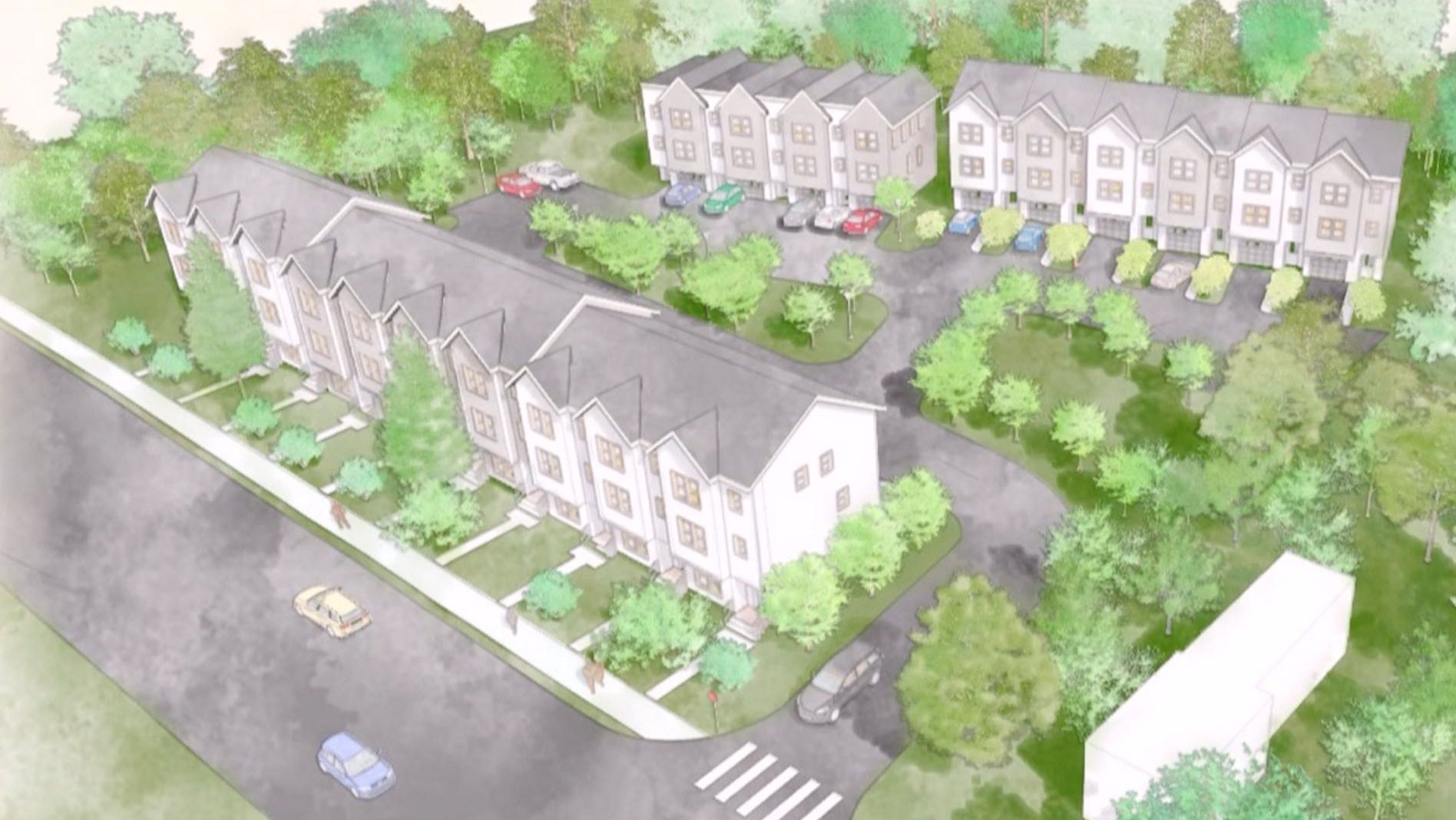 A drawing shows houses and plantings.